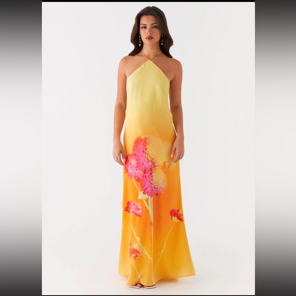 Peppermayo Yellow to Orange Ombre Halter Maxi Dress with Pink Floral Print